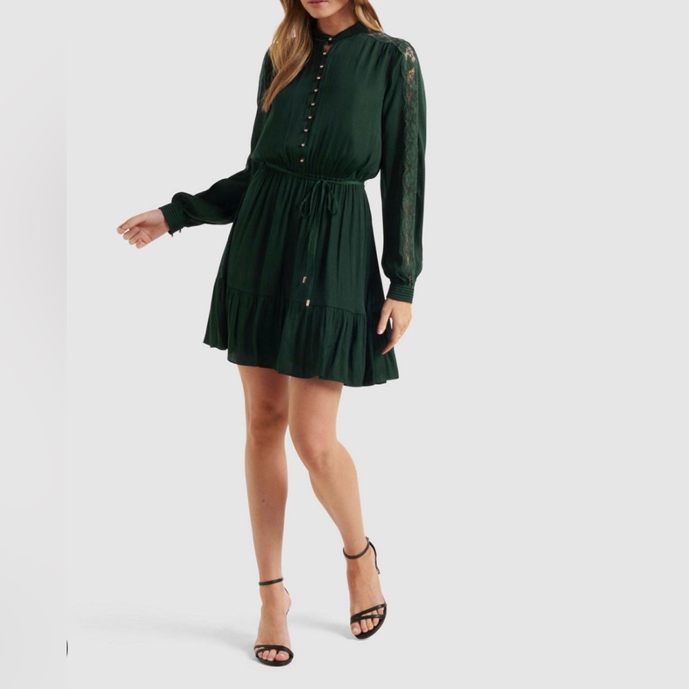 Long-Sleeve Forest Green Ruffled Waist Tie Dress